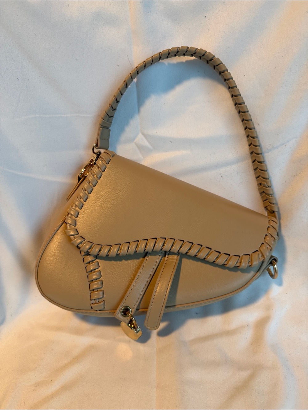 Woven-Trim Shoulder Saddle Bag in Taupe vegan leather
